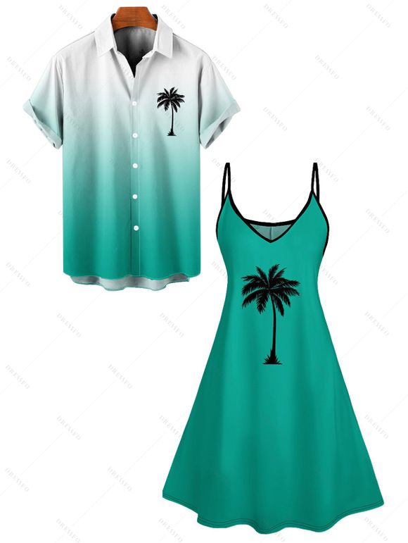 Palm Tree Ombre Print V Neck Spaghetti Strap Vacation Dress And Short Sleeve Shirt Matching Outfit - Vert S | US 4