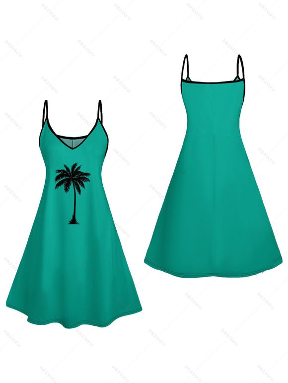 Mini Robe Hawaïen Ligne A Palmier Imprimé à Bretelle Fine - Vert XXXL | US 16