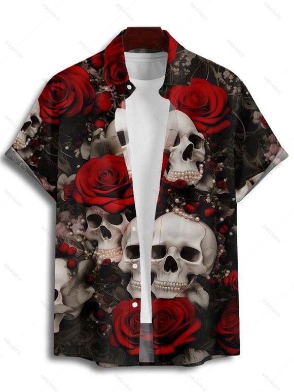Chemise Décontractée Gothique Rose Crâne Imprimés à Manches Roulées pour Homme - Noir 2XL