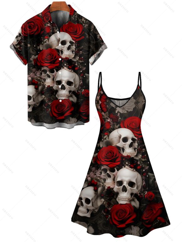 Gothic Couple Outfit Allover Skulls Rose Print Spaghetti Strap A Line Mini Tank Dress and Roll Up Sleeve Shirt Matching Outfit - Noir S | US 4