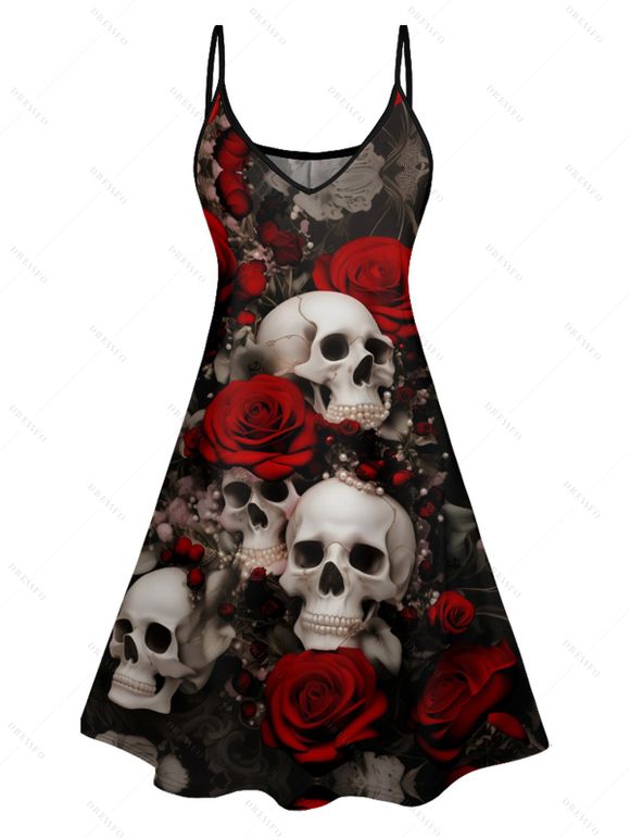 Gothic Couple Outfit Allover Skulls Rose Print Spaghetti Strap A Line Mini Tank Dress and Roll Up Sleeve Shirt Matching Outfit - Noir S | US 4