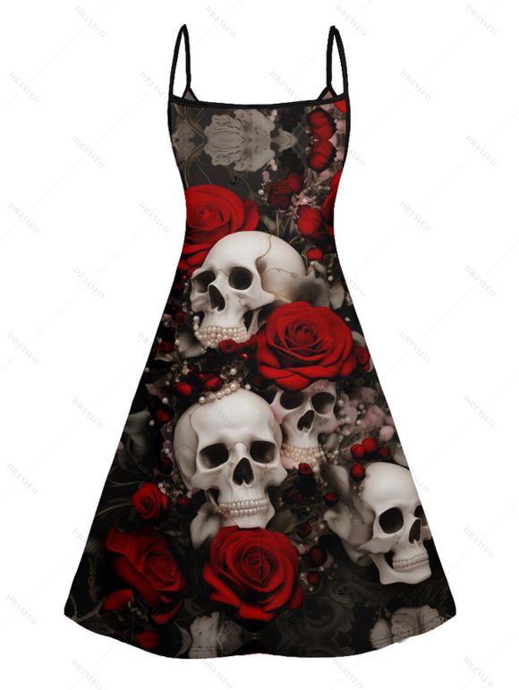 Gothic Couple Outfit Allover Skulls Rose Print Spaghetti Strap A Line Mini Tank Dress and Roll Up Sleeve Shirt Matching Outfit - Noir S | US 4