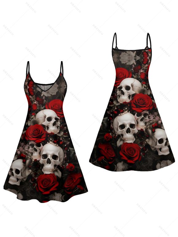 Gothic Couple Outfit Allover Skulls Rose Print Spaghetti Strap A Line Mini Tank Dress and Roll Up Sleeve Shirt Matching Outfit - Noir S | US 4