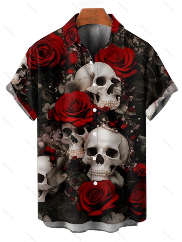 Gothic Couple Outfit Allover Skulls Rose Print Spaghetti Strap A Line Mini Tank Dress and Roll Up Sleeve Shirt Matching Outfit - Noir S | US 4