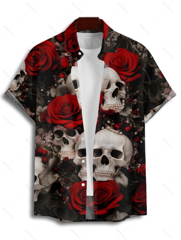 Gothic Couple Outfit Allover Skulls Rose Print Spaghetti Strap A Line Mini Tank Dress and Roll Up Sleeve Shirt Matching Outfit - Noir S | US 4