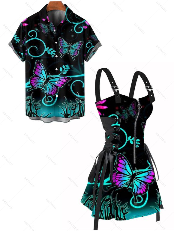 Gothic Couple Outfit Butterfly Leaf Printed Half Zipper Lace Up Adjustable Strap Mini Dress and Roll Up Sleeve Shirt Casual Matching Outfit - multicolor S | US 4