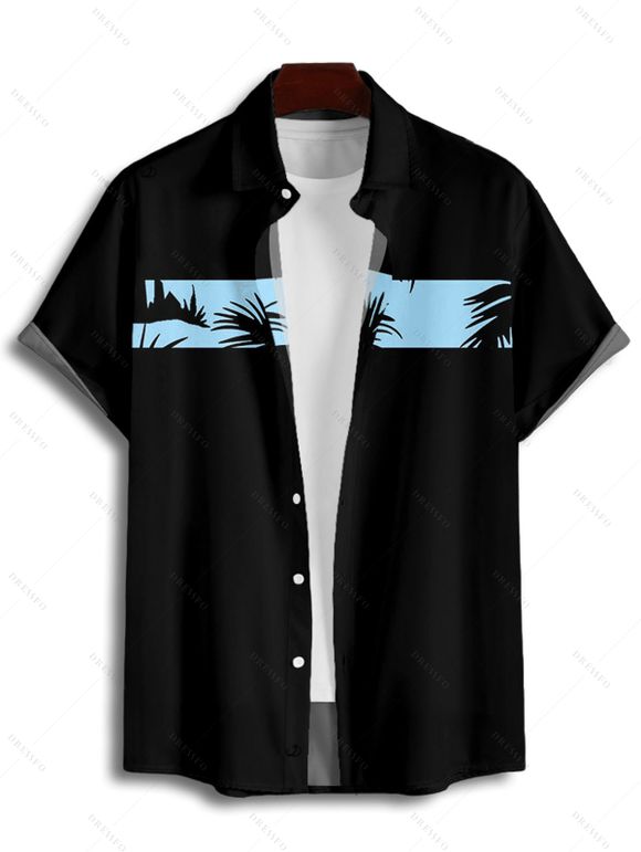Chemise de Vacances Boutonnée Palmier Imprimé à Manches Courtes - Bleu clair S