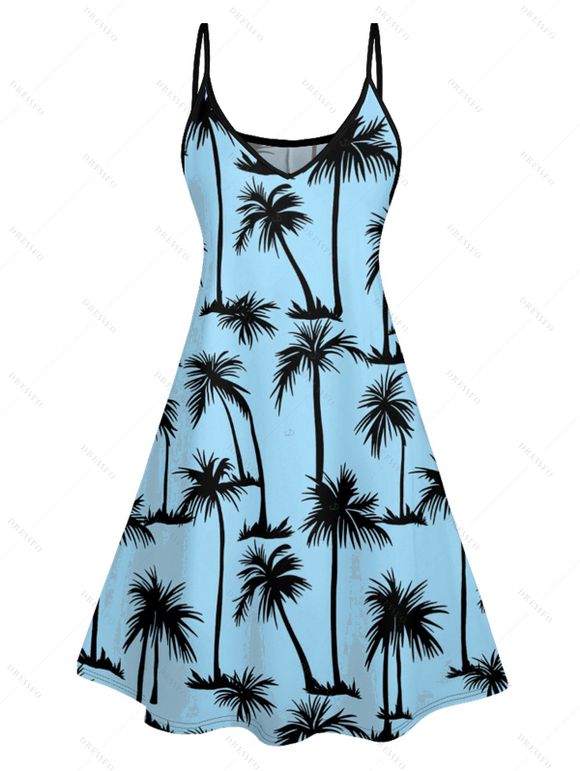 Mini Robe Hawaïen Ligne A Palmier Imprimé à Bretelle Fine - Bleu clair XXXXL | US 18