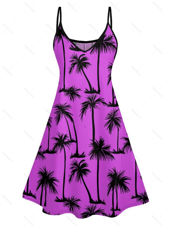 Palm Tree Print Hawaii Vacation Dress Spaghetti Strap V Neck A Pendulum Mini Dress - PURPLE XXL | US 14
