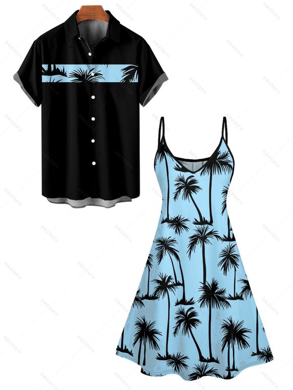 Hawaii Palm Tree Print Vacation Spaghetti Strap V Neck A Pendulum Mini Dress And Short Sleeve Shirt Matching Outfit - Bleu clair S | US 4