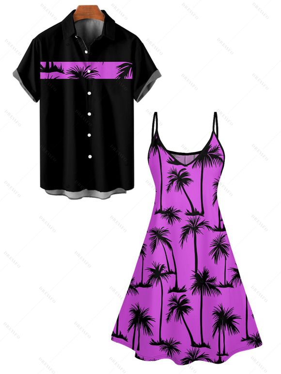 Hawaii Palm Tree Print Vacation Spaghetti Strap V Neck A Pendulum Mini Dress And Short Sleeve Shirt Matching Outfit - Pourpre S | US 4