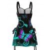 Gothic Couple Outfit Butterfly Leaf Printed Half Zipper Lace Up Adjustable Strap Mini Dress and Roll Up Sleeve Shirt Casual Matching Outfit - multicolor S | US 4