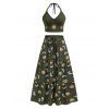 Vacation Outfit Retro Sun Pattern Beaded Halter Tank Top and Celestic Sun Moon Print Bowknot Drawstrings A Line Midi Skirt Matching Outfit - DEEP GREEN S | US 4