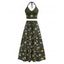 Vacation Outfit Retro Sun Pattern Beaded Halter Tank Top and Celestic Sun Moon Print Bowknot Drawstrings A Line Midi Skirt Matching Outfit - DEEP GREEN S | US 4