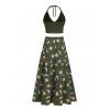 Vacation Outfit Retro Sun Pattern Beaded Halter Tank Top and Celestic Sun Moon Print Bowknot Drawstrings A Line Midi Skirt Matching Outfit - DEEP GREEN S | US 4