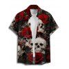 Chemise Décontractée Gothique Rose Crâne Imprimés à Manches Roulées pour Homme - Noir XL