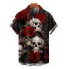 Chemise Décontractée Gothique Rose Crâne Imprimés à Manches Roulées pour Homme - Noir XL