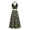 Vacation Outfit Retro Sun Pattern Beaded Halter Tank Top and Celestic Sun Moon Print Bowknot Drawstrings A Line Midi Skirt Matching Outfit - Vert profond S | US 4