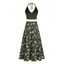 Vacation Outfit Retro Sun Pattern Beaded Halter Tank Top and Celestic Sun Moon Print Bowknot Drawstrings A Line Midi Skirt Matching Outfit - Vert profond S | US 4