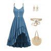 Vacation Outfit Textured Mock Button High Low Asymmetrical Ruffle Hem Dress and Feather Chained Earrings Braided Bead Hollow Out Tassel Belt Shoulder Bag Matching Outfit - Bleu Ciel S | US 4