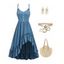 Vacation Outfit Textured Mock Button High Low Asymmetrical Ruffle Hem Dress and Feather Chained Earrings Braided Bead Hollow Out Tassel Belt Shoulder Bag Matching Outfit - Bleu Ciel S | US 4