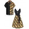 Vacation Couple Outfit Flower Pattern Mock Button Cinched Bowknot Shoulder Self Belt Empire Waist A Line Mini Dress and Roll Up Sleeve Shirt Matching Outfit - multicolor S | US 4