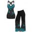 Gothic Outfit Rose Print Ruched Butterfly Lace Cross O Ring Strap Tank Top and Elastic High Waisted Wide Leg Pants Casual Matching Outfit - Vert clair S | US 4