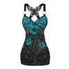 Gothic Outfit Rose Print Ruched Butterfly Lace Cross O Ring Strap Tank Top and Elastic High Waisted Wide Leg Pants Casual Matching Outfit - Vert clair S | US 4