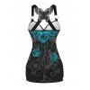 Gothic Outfit Rose Print Ruched Butterfly Lace Cross O Ring Strap Tank Top and Elastic High Waisted Wide Leg Pants Casual Matching Outfit - Vert clair S | US 4