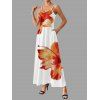 Vacation Couple Outfit Tropical Floral Pattern Spaghetti Strap Pocket A Line Long Dress and Roll Up Sleeve Solid Color Drawstrings Shorts Matching Outfit - Orange S | US 4