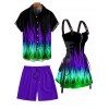 Music Festival Couple Outfit Colorful Flame Pattern O-Ring Half Zipper Lace Up Dress and Roll Up Sleeve Solid Color Drawstring Shorts Matching Outfit - Noir S | US 4