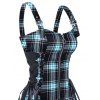 Vintage Couple Outfit Plaid Plaid Print Lace Up O Ring Half Zipper Buckle Strap Dress and Roll Up Sleeve Solid Color Shorts Vacation Matching Outfit - Bleu clair S | US 4
