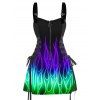 Music Festival Couple Outfit Colorful Flame Pattern O-Ring Half Zipper Lace Up Dress and Roll Up Sleeve Solid Color Drawstring Shorts Matching Outfit - Noir S | US 4