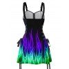 Music Festival Couple Outfit Colorful Flame Pattern O-Ring Half Zipper Lace Up Dress and Roll Up Sleeve Solid Color Drawstring Shorts Matching Outfit - Noir S | US 4