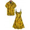 Vacation Couple Outfit Allover Banana Pattern Spaghetti Strap Mini Dress and Roll Up Sleeve Shirt Casual Matching Outfit - Jaune S | US 4