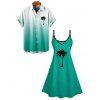 Palm Tree Ombre Print V Neck Spaghetti Strap Vacation Dress And Short Sleeve Shirt Matching Outfit - Vert S | US 4