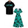 Hawaii Couple Outfit Palm Tree Pattern Short Flare Sleeve Slit V Neck A Line Dress and Roll Up Sleeve Shirt Matching Outfit - Vert profond S | US 4