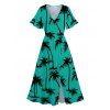 Hawaii Couple Outfit Palm Tree Pattern Short Flare Sleeve Slit V Neck A Line Dress and Roll Up Sleeve Shirt Matching Outfit - Vert profond S | US 4