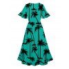 Hawaii Couple Outfit Palm Tree Pattern Short Flare Sleeve Slit V Neck A Line Dress and Roll Up Sleeve Shirt Matching Outfit - Vert profond S | US 4