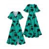 Hawaii Couple Outfit Palm Tree Pattern Short Flare Sleeve Slit V Neck A Line Dress and Roll Up Sleeve Shirt Matching Outfit - Vert profond S | US 4