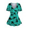 Hawaii Outfit Allover Palm Tree Pattern V Neck Short Sleeve Tee and High Waisted Capri Pants Vacation Outfit - Vert profond S | US 4