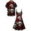 Gothic Couple Outfit Allover Skulls Rose Print Spaghetti Strap A Line Mini Tank Dress and Roll Up Sleeve Shirt Matching Outfit - Noir S | US 4