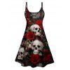 Gothic Couple Outfit Allover Skulls Rose Print Spaghetti Strap A Line Mini Tank Dress and Roll Up Sleeve Shirt Matching Outfit - Noir S | US 4