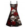 Gothic Couple Outfit Allover Skulls Rose Print Spaghetti Strap A Line Mini Tank Dress and Roll Up Sleeve Shirt Matching Outfit - Noir S | US 4