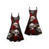 Gothic Couple Outfit Allover Skulls Rose Print Spaghetti Strap A Line Mini Tank Dress and Roll Up Sleeve Shirt Matching Outfit - Noir S | US 4