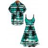 Hawaii Couple Outfit Striped Printed Palm Tree Pattern Spaghetti Strap A Line Mini Dress and Roll Up Sleeve Shirt Vacation Matching Outfit - Vert profond S | US 4