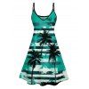 Hawaii Couple Outfit Striped Printed Palm Tree Pattern Spaghetti Strap A Line Mini Dress and Roll Up Sleeve Shirt Vacation Matching Outfit - Vert profond S | US 4