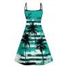 Hawaii Couple Outfit Striped Printed Palm Tree Pattern Spaghetti Strap A Line Mini Dress and Roll Up Sleeve Shirt Vacation Matching Outfit - Vert profond S | US 4