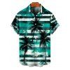 Hawaii Couple Outfit Striped Printed Palm Tree Pattern Spaghetti Strap A Line Mini Dress and Roll Up Sleeve Shirt Vacation Matching Outfit - Vert profond S | US 4