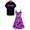 Hawaii Palm Tree Print Vacation Spaghetti Strap V Neck A Pendulum Mini Dress And Short Sleeve Shirt Matching Outfit